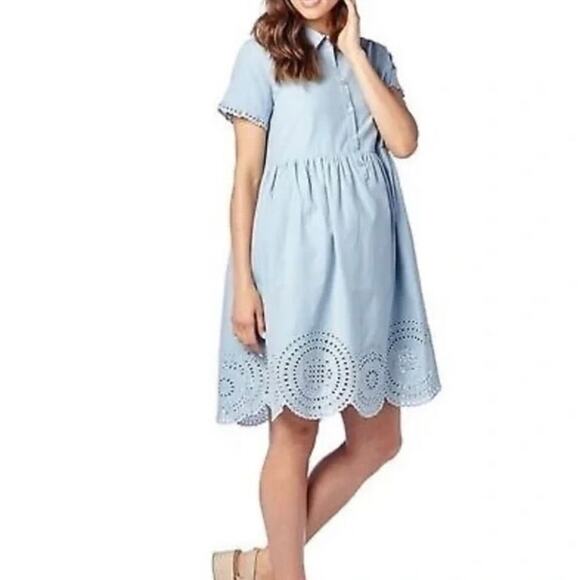 HATCH Maternity The Inez Eyelet Babydoll Shirt Dress Blue 100% Cotton 0 / XS EUC - Picture 5 of 15